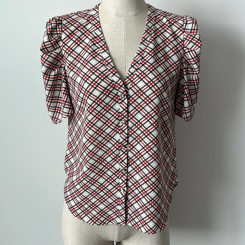1.State Plaid Puff Shoulder Blouse